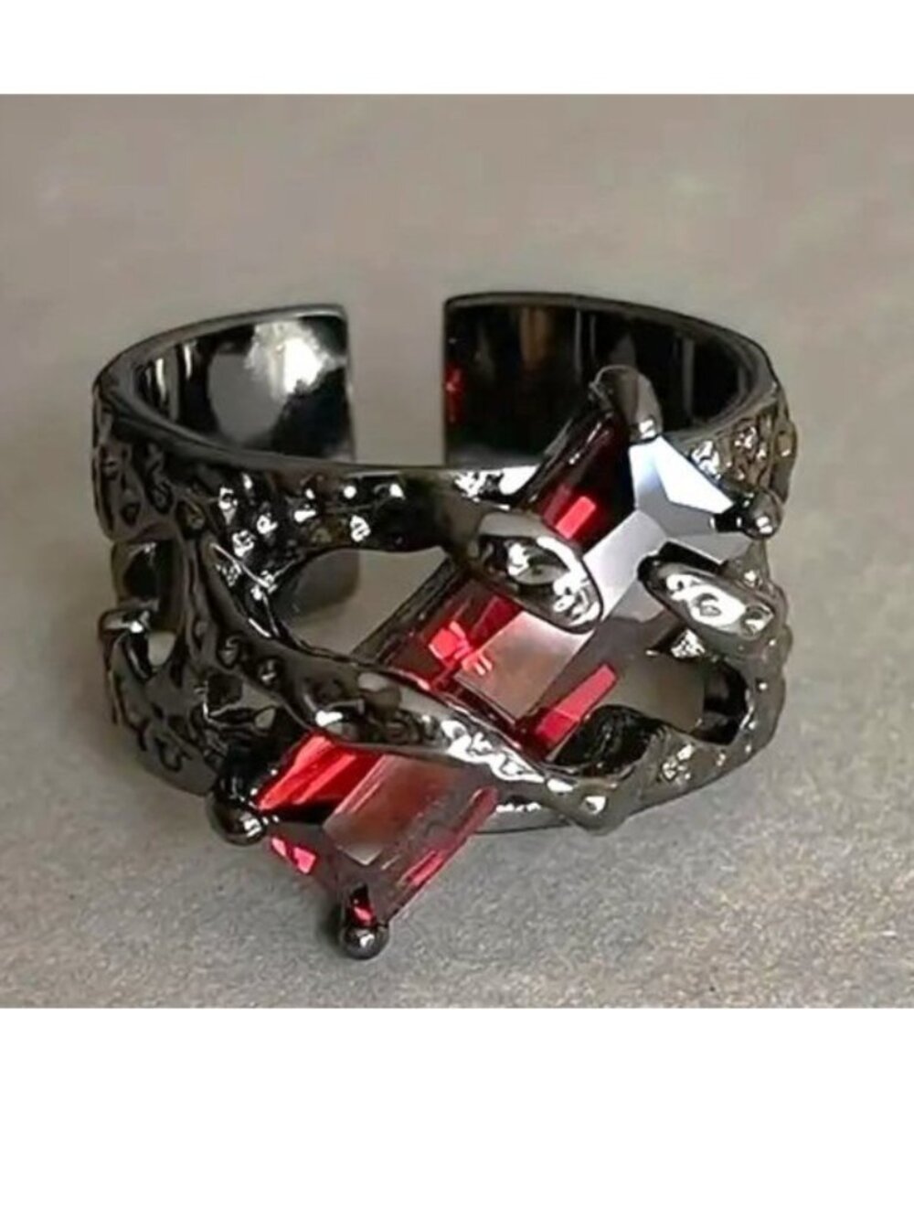 Black Wrap Snake Ring Red Crystal Zirconia Stone Goth Edgy Vamp Unisex Trendy